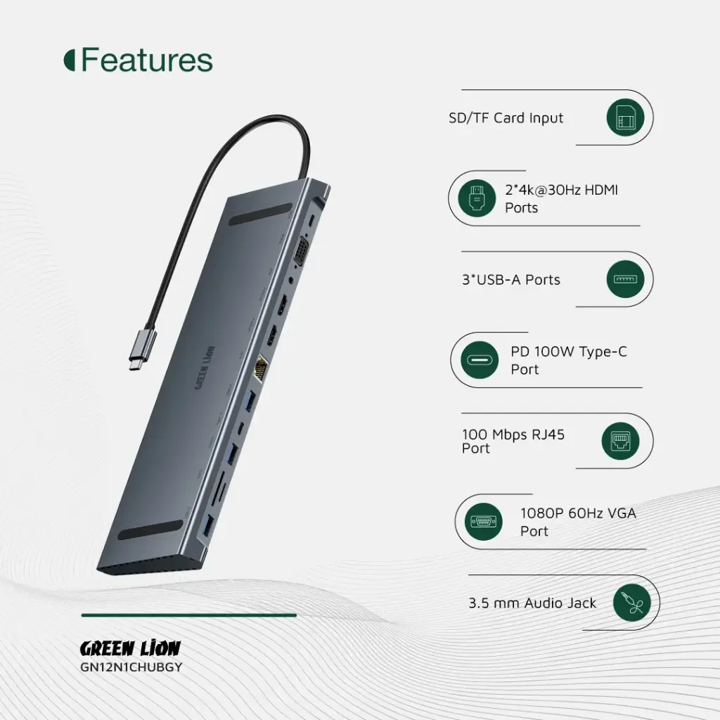 Green Lion 12-in-1 4K HDMI Ethernet USB-C Hub - Image 2
